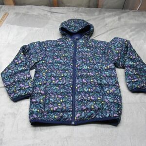 Eddie Bauer Down Jacket Kids Medium 10/12 Blue Floral Light Packable Winter Puff